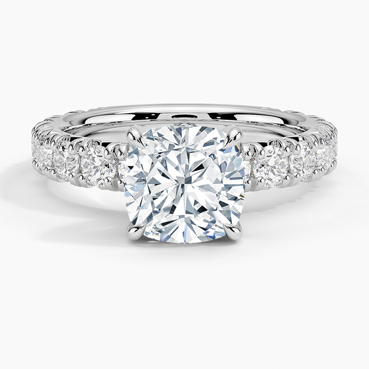 Cushion Cut Diamond Engagement Ring, Pave Diamond Band Ring, Solid Gold Promise Ring