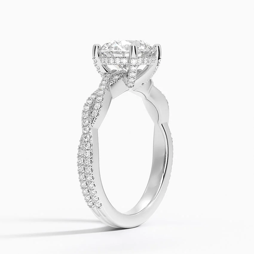Twisted Pave Diamond Engagement Ring, Round Cut Solitaire Ring, Split Shank Gold Ring