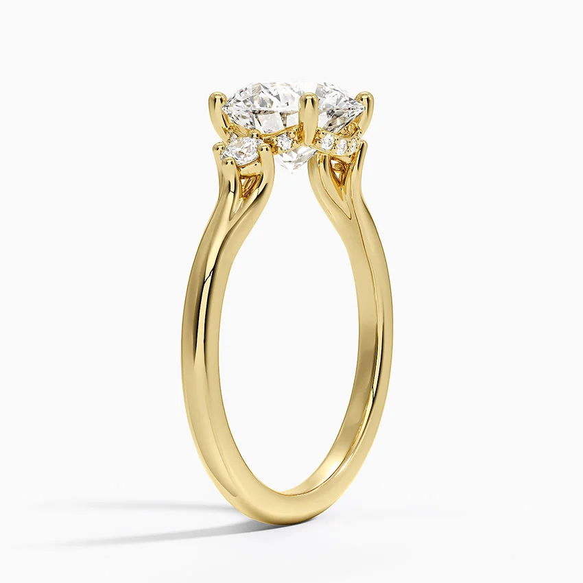 Round Cut Diamond Three Stone Engagement Ring, Solid Gold, Minimalist Side, Stone Ring