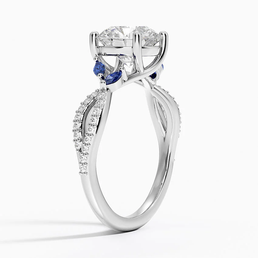 Blue Sapphire & Round Cut Moissanite Engagement Ring, Split Shank Diamond Ring, Vintage Floral Inspired Bridal Ring