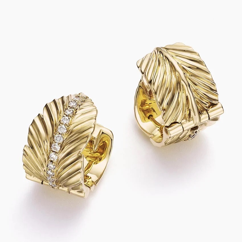 Diamond Leaf Huggie Earrings, Textured Nature-Inspired Gold Hoop Earrings