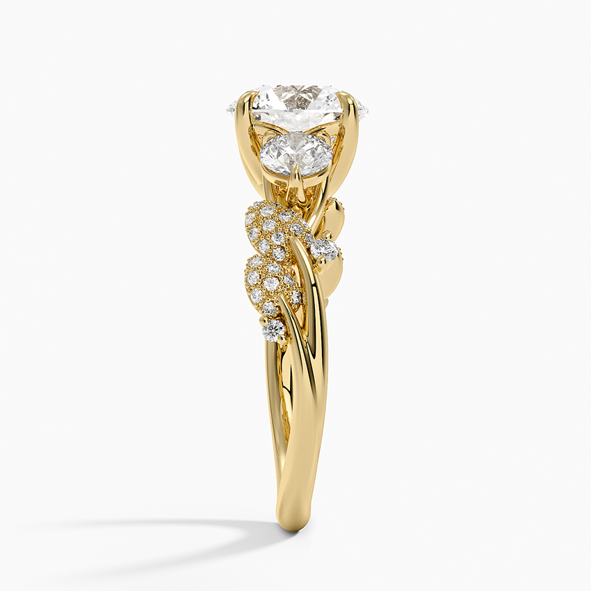 Floral Diamond Engagement Ring, Round Cut 3 Stone Ring, Leaf Inspired Diamond Ring