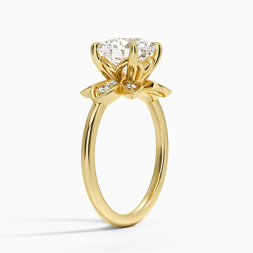 Floral Petal Diamond Engagement Ring, Round Cut Center, Nature Inspired Leaf Design