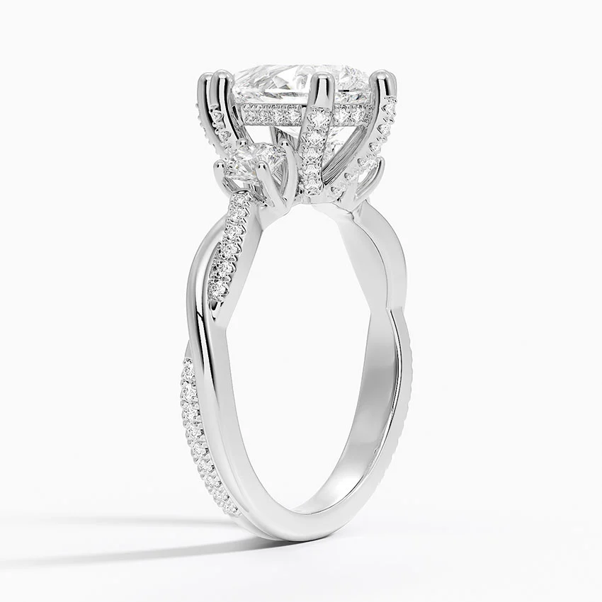 Pear Cut Moissanite Engagement Ring, Three Stone Diamond Ring, Twisted Pave Band Ring