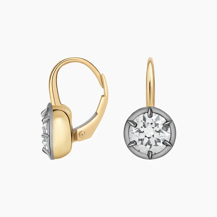 Round Cut Diamond Leverback Earrings, Two Tone Gold Drop Earrings, Minimalist Diamond Dangle Earrings