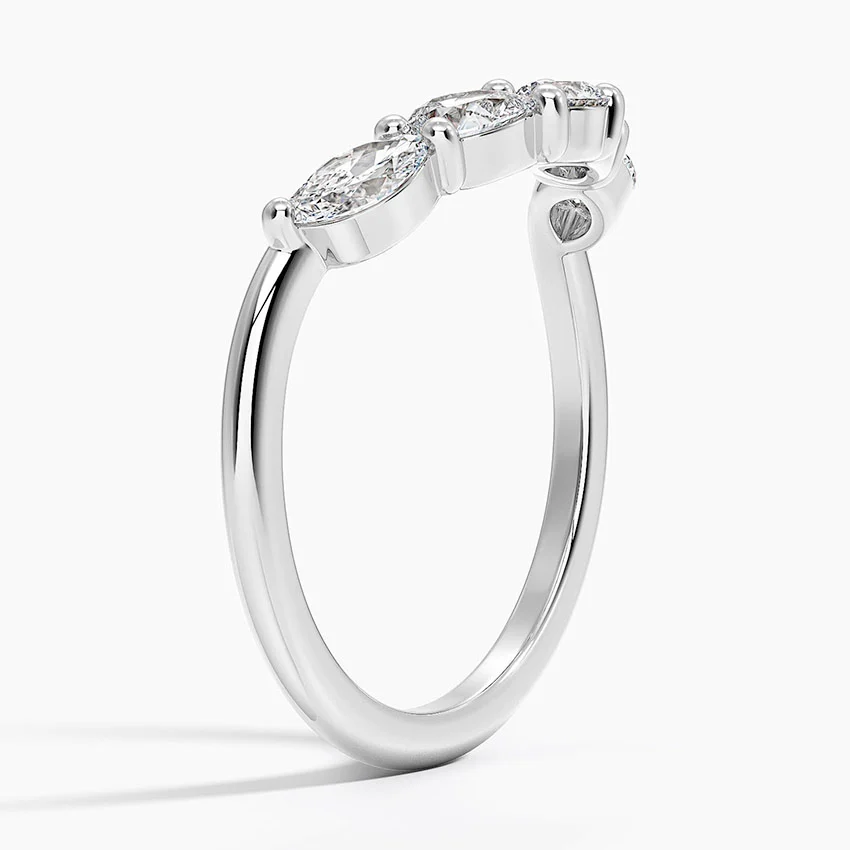Five Stone Diamond Chevron Ring, Marquise & Round Cut Wedding Band, Curved V Shape Anniversary Ring