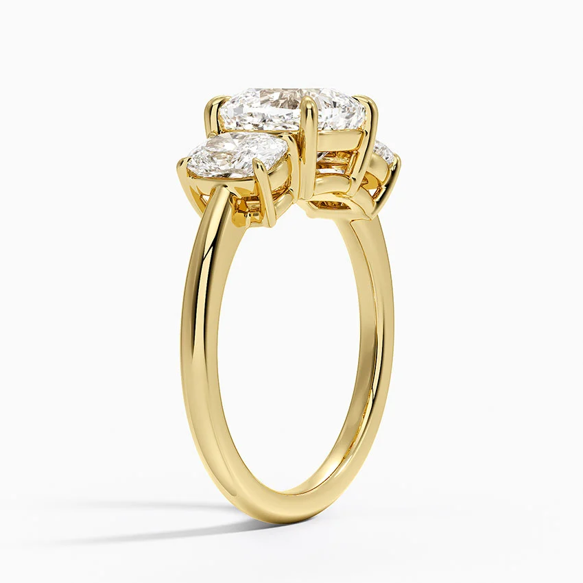 3 Stone Cushion Cut Diamond Engagement Ring, Hidden Halo Cushion Ring, Solid Gold Promise Ring