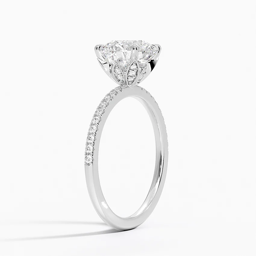 Round Cut Moissanite Engagement Ring, Hidden Halo Solitaire Ring, Pave Diamond Band