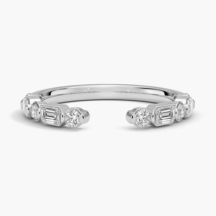 Open Diamond Ring, Round & Baguette Diamond Band, Minimalist Gold Adjustable Ring