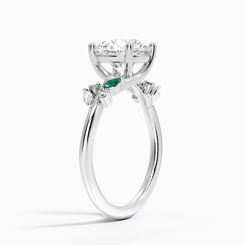 Round Cut Moissanite Engagement Ring with Emerald Leaf Side Stones, Nature Inspired Bridal Ring, Solid Gold Solitaire Ring (Copy)