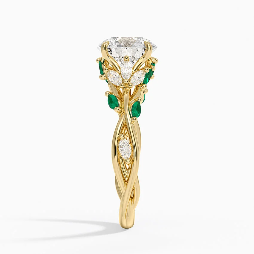 Vintage Nature Inspired Round Cut Moissanite Engagement Ring, Emerald Leaf Vine Ring, Solid Gold Floral Bridal Ring, Unique Wedding Ring