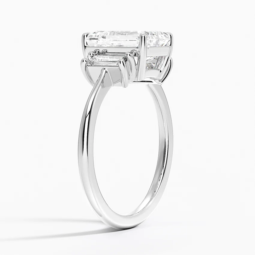 Emerald Cut Diamond Three Stone Engagement Ring, Baguette Side Stone Ring, Solid Gold Promise Ring