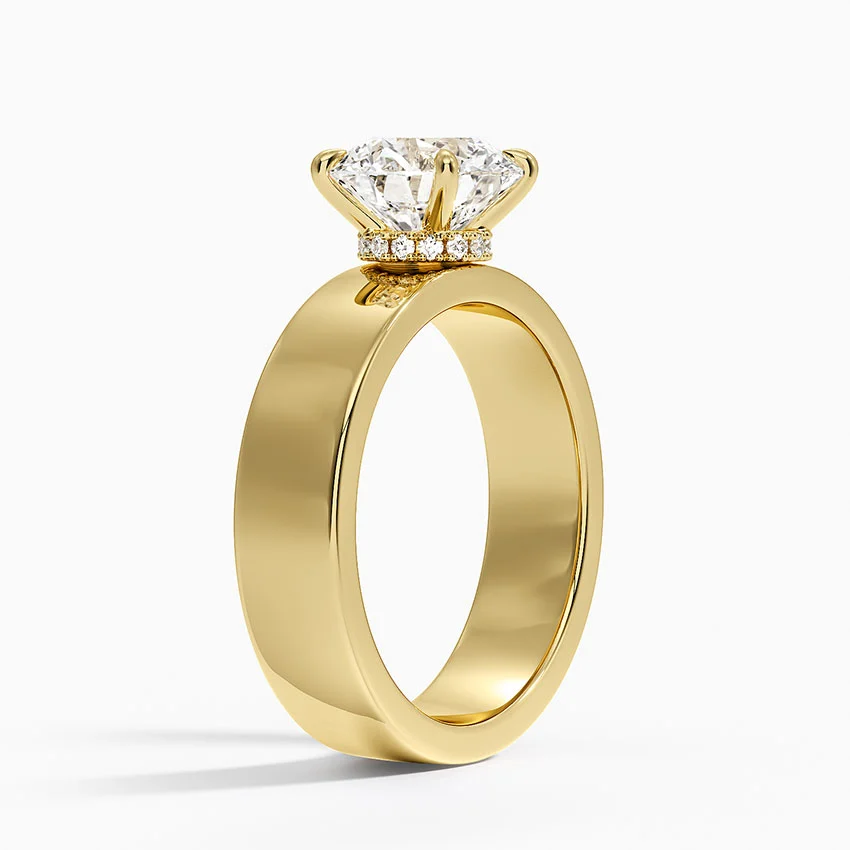 Round Cut Solitaire Engagement Ring, Wide Band Diamond Ring, Minimalist Bridal Ring