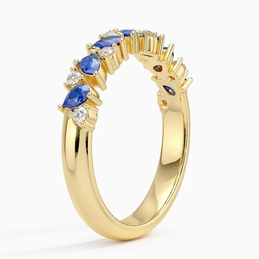 Blue Sapphire & Diamond Half Eternity Ring, Pear Cut Sapphire Wedding Band, Anniversary Gift Ring