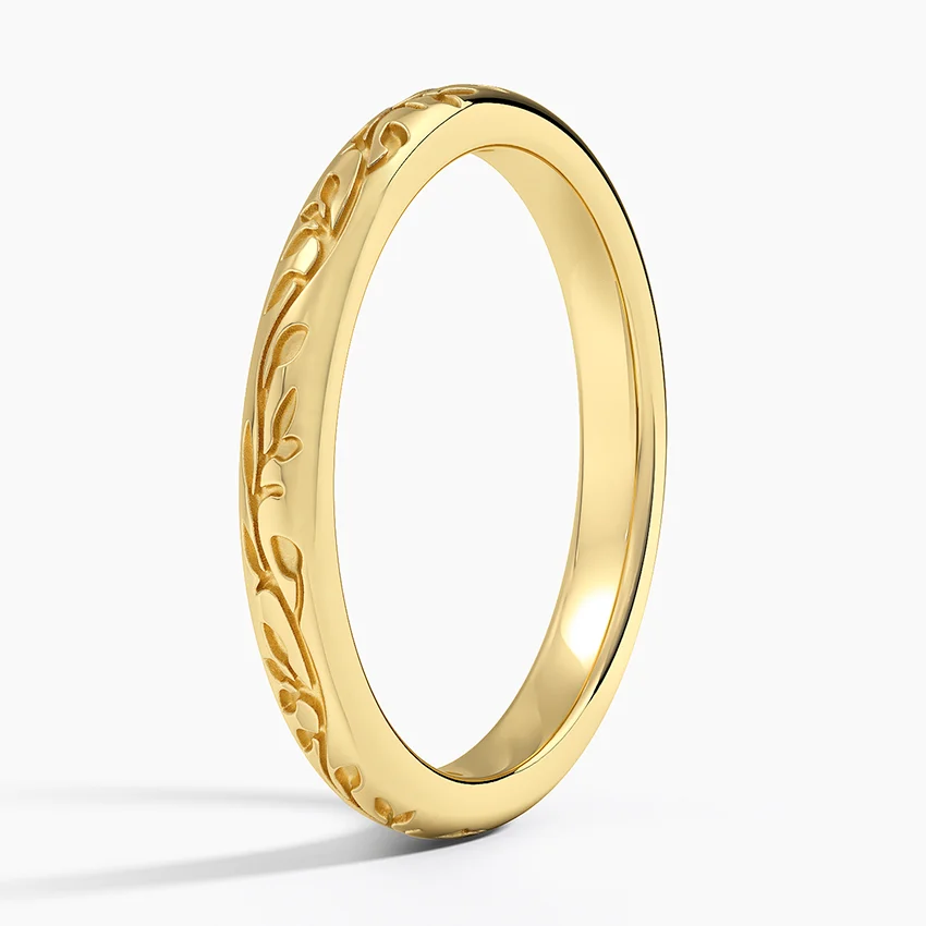 Nature Inspired Leaf Engraved Ring, Minimalist Floral Band, Stackable Wedding Band