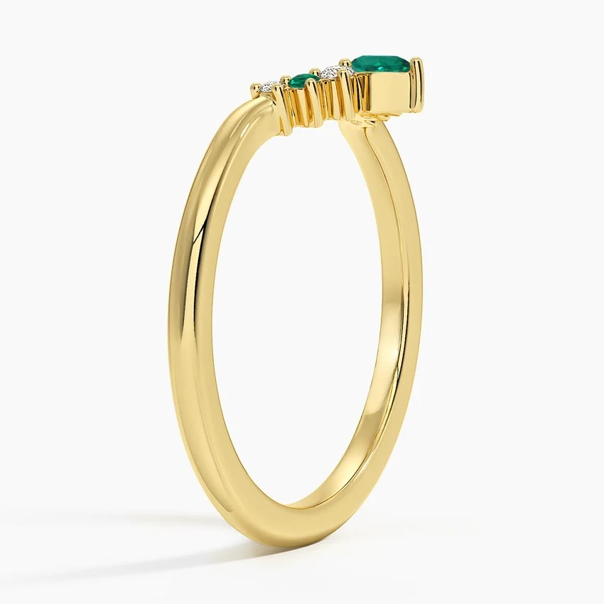 Emerald & Diamond Curved V Band Ring, Pear Emerald Chevron Wedding Band, Contour Stacking Ring
