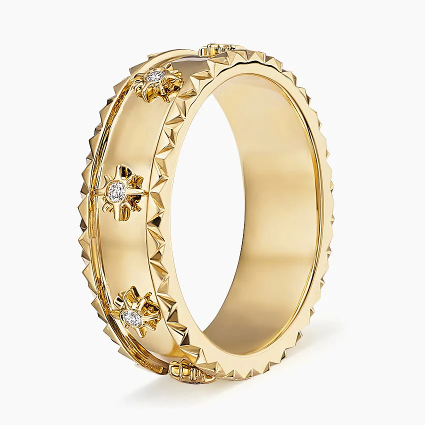 Starburst Diamond Band Ring, Textured Edge Wedding Ring, Unisex Luxury Band