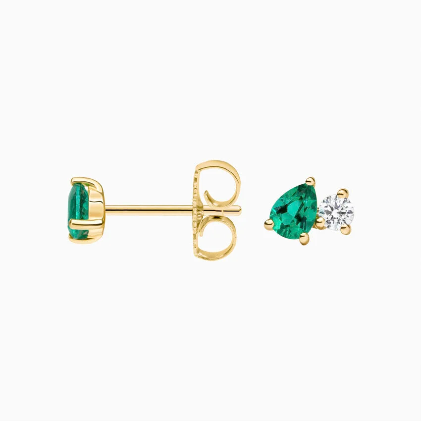 Emerald & Diamond Teardrop Stud Earrings, Pear Cut Green Gemstone Minimal Earrings