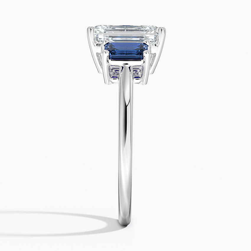 Emerald Cut Diamond Three Stone Ring with Blue Sapphire Side Stones, Vintage Style Engagement Ring, Anniversary Gift