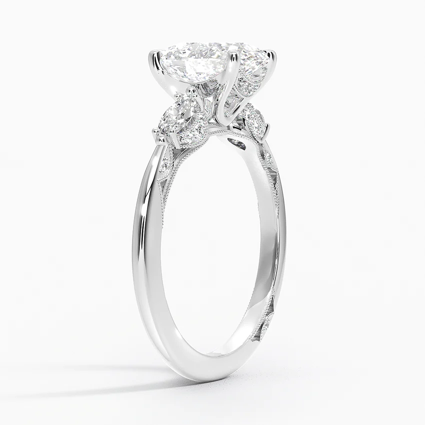 Oval Cut Diamond Engagement Ring, Three Stone Ring, Marquise Side Diamond Ring