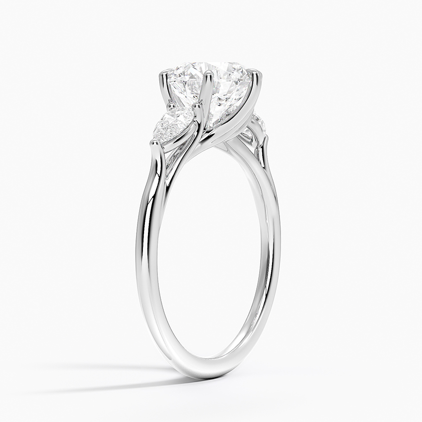 Round Cut Moissanite Engagement Ring with Pear Side Stones, 3 Stone Diamond Ring, Solid Gold Promise Ring