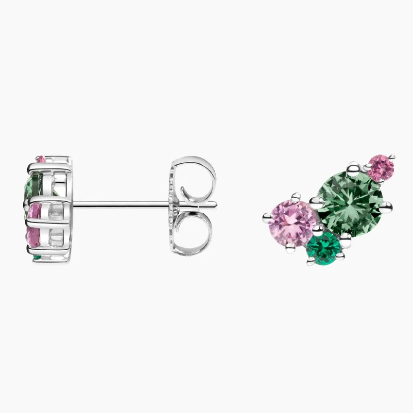 Green & Pink Sapphire Cluster Stud Earrings, Colorful Gemstone Studs, Minimalist Silver Earrings