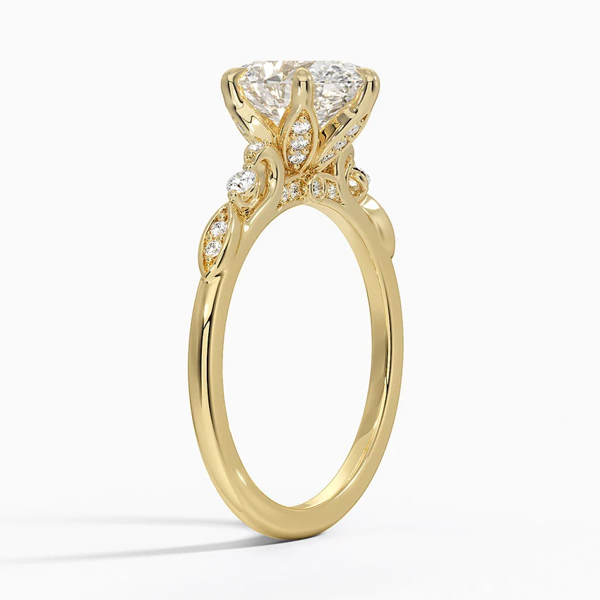 Oval Cut Diamond Engagement Ring, Leaf Inspired Pave Band, Nature Inspired Solitaire Ring