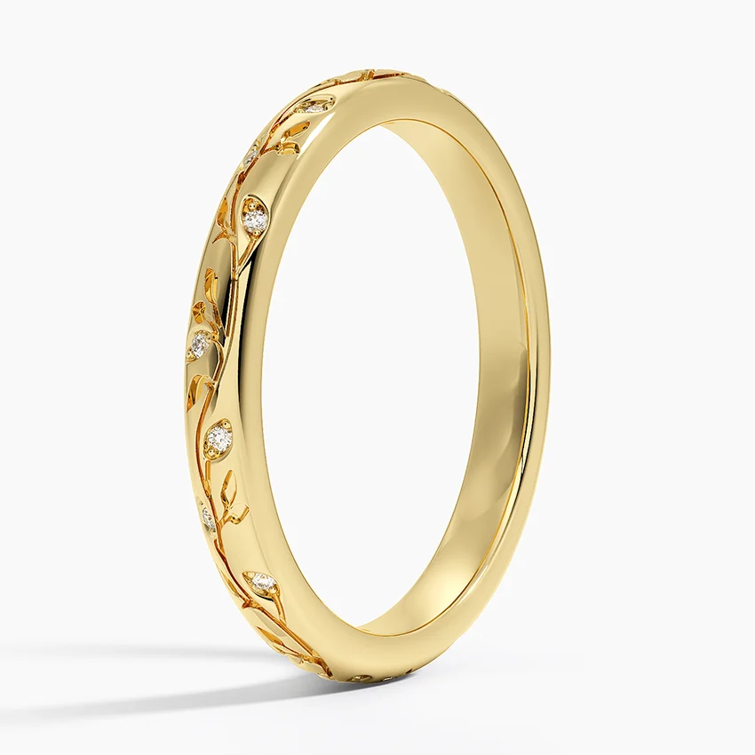 Diamond Leaf Engraved Ring, Minimalist Gold Vine Ring, Dainty Diamond Wedding Band