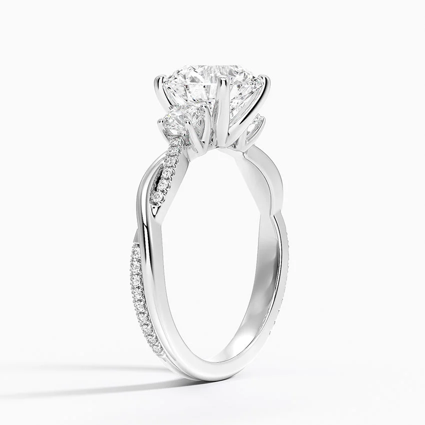 Round Cut Diamond Engagement Ring, Twisted Three Stone Ring, Pavé Band Promise Ring
