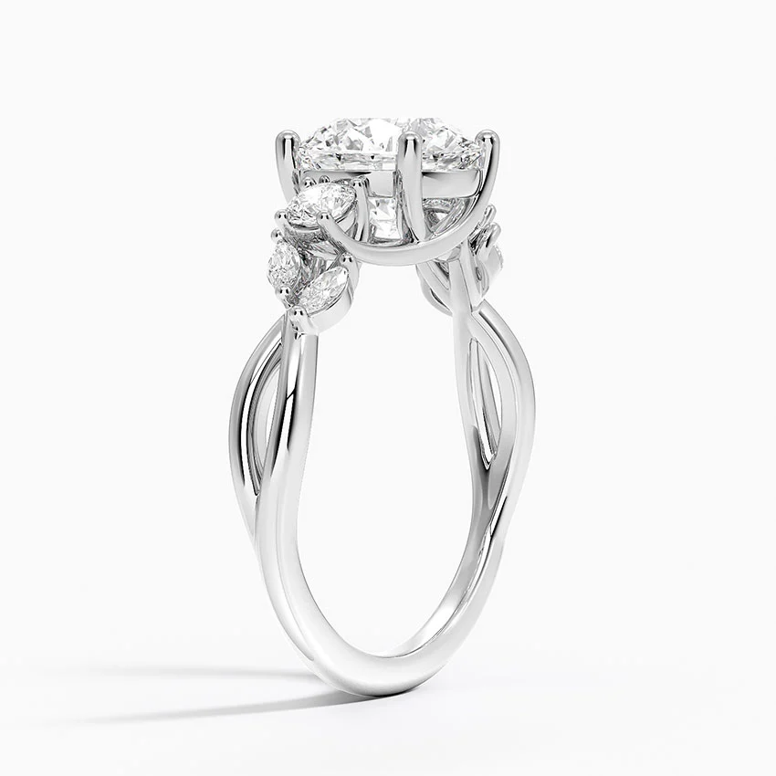 Round Cut Moissanite Engagement Ring, Three Stone Diamond Ring, Twisted Shank Bridal Ring
