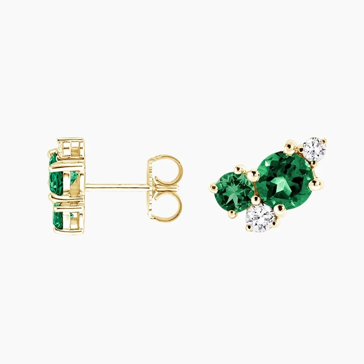 Emerald Green Gemstone & Diamond Cluster Stud Earrings