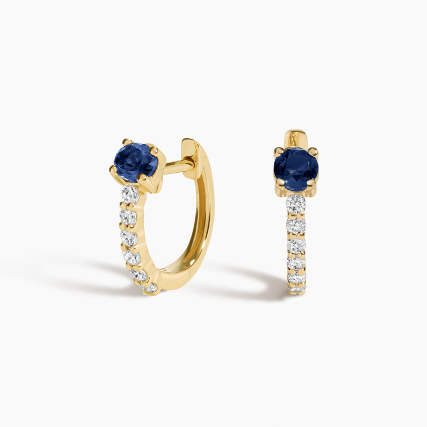 Blue Sapphire Diamond Huggie Hoop Earrings, Sapphire Hoops, September Birthstone Earrings