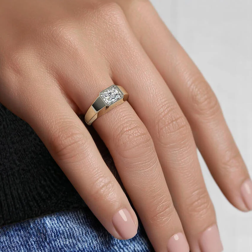 Radiant Cut Bezel Set Diamond Ring, Wide Band Engagement Ring, Minimalist Luxury Solitaire Ring
