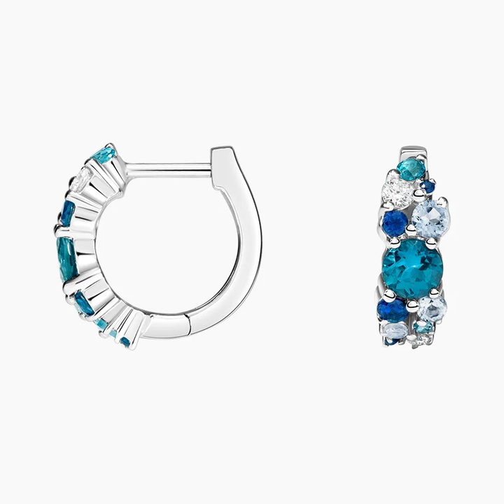 Blue Cluster Diamond Huggie Hoop Earrings, Teal & Sapphire Stone Hoop Earrings