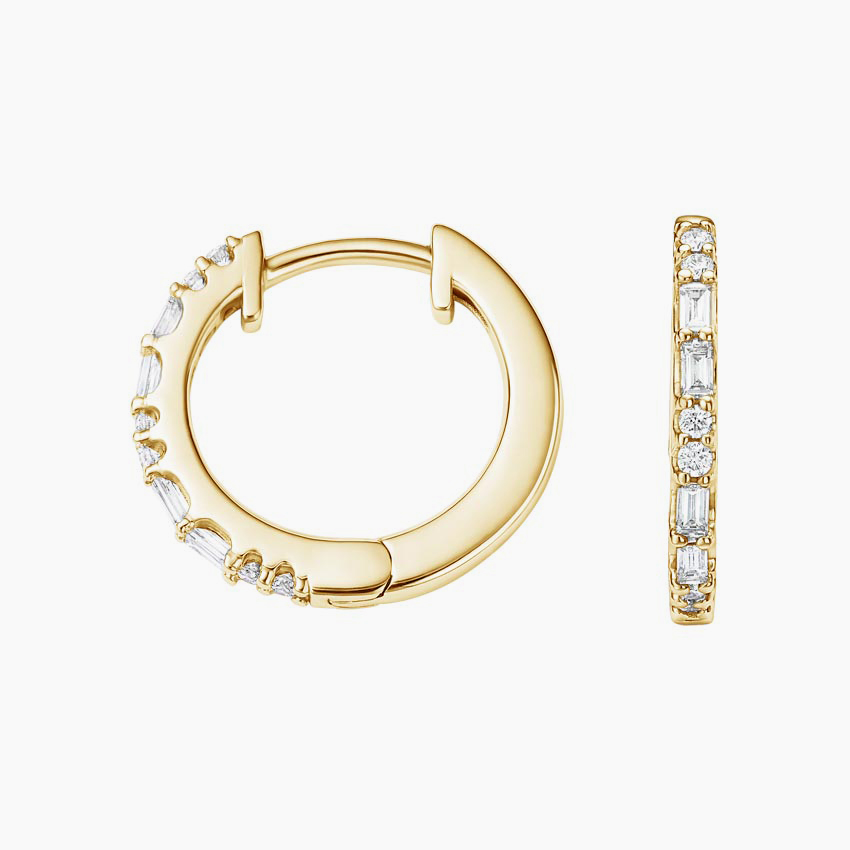 Diamond Baguette Huggie Earrings, Hoop Earrings, Minimalist Diamond Hoops