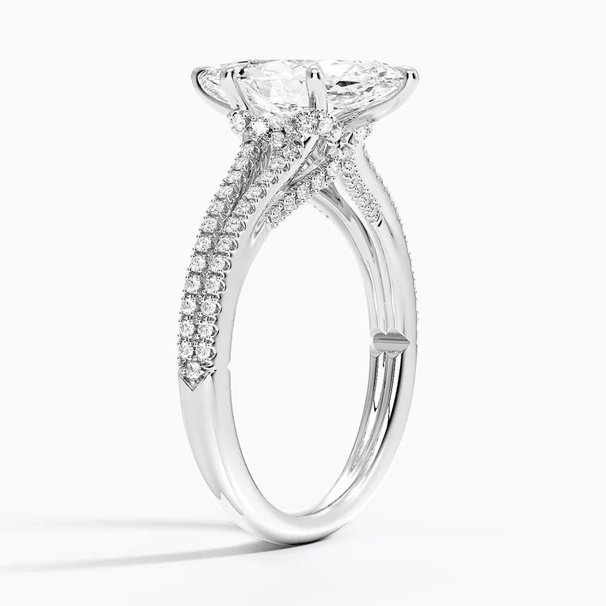 Marquise Cut Moissanite Engagement Ring, Split Shank Pave Diamond Ring, Unique Solitaire Promise Ring