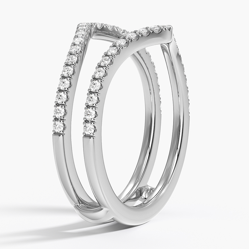 Chevron Diamond Wedding Band Set, V Shape Stackable Ring, Curved Diamond Ring Guard