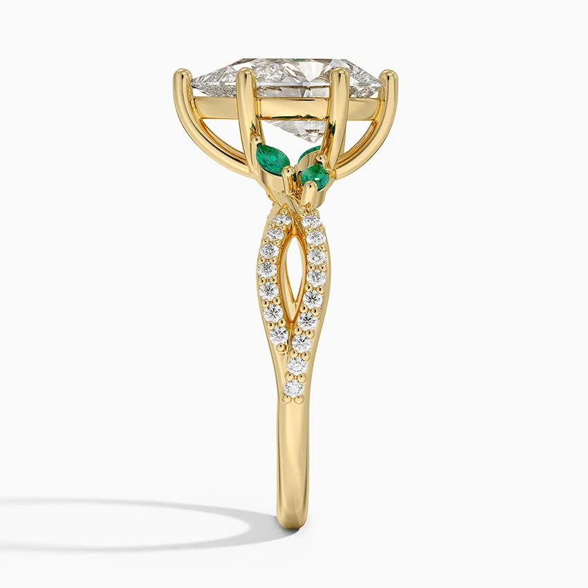 Pear Cut Moissanite Engagement Ring with Emerald Accents, Nature Inspired Leaf Ring, Split Shank Diamond Ring