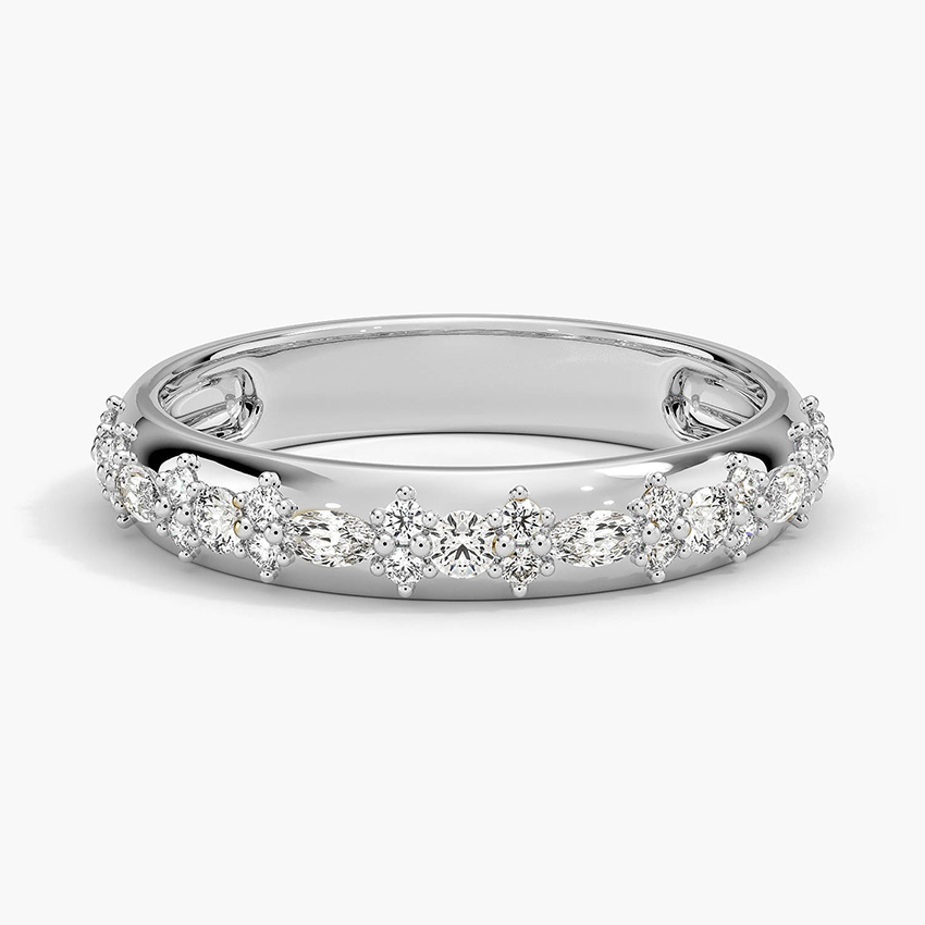 Floral Diamond Wedding Band, Marquise & Round Diamond Ring, Stackable Anniversary Ring