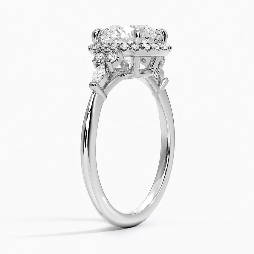 Round Cut Halo Engagement Ring, Diamond Cluster Side Stone Ring, Vintage Inspired Bridal Ring