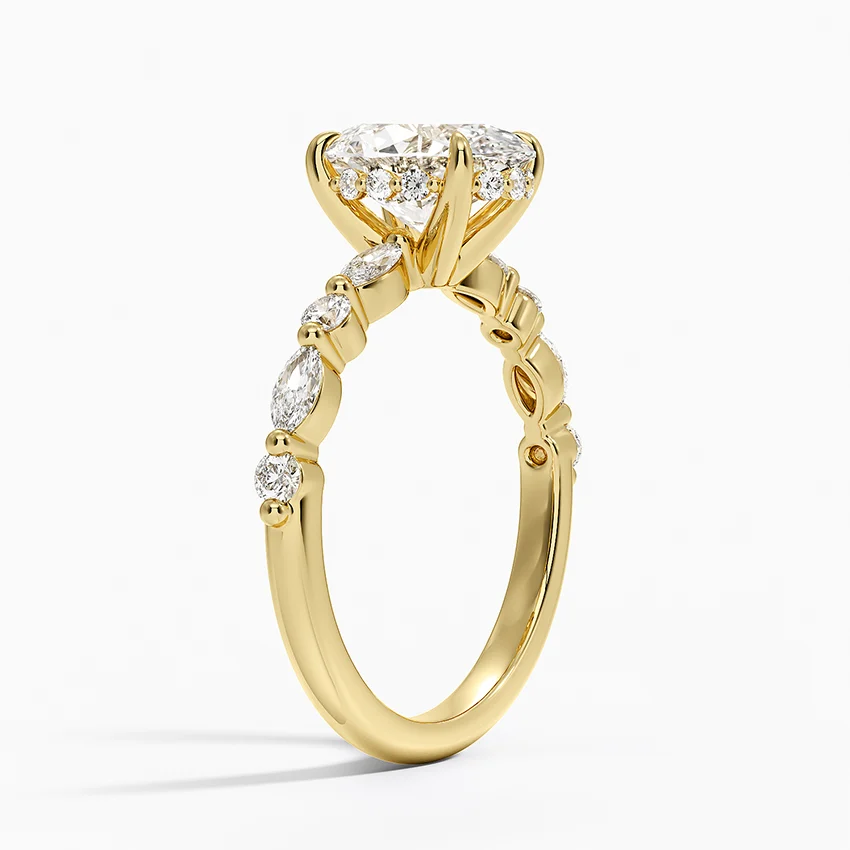 Oval Cut Diamond Engagement Ring with Marquise, Hidden Halo Solitaire Ring