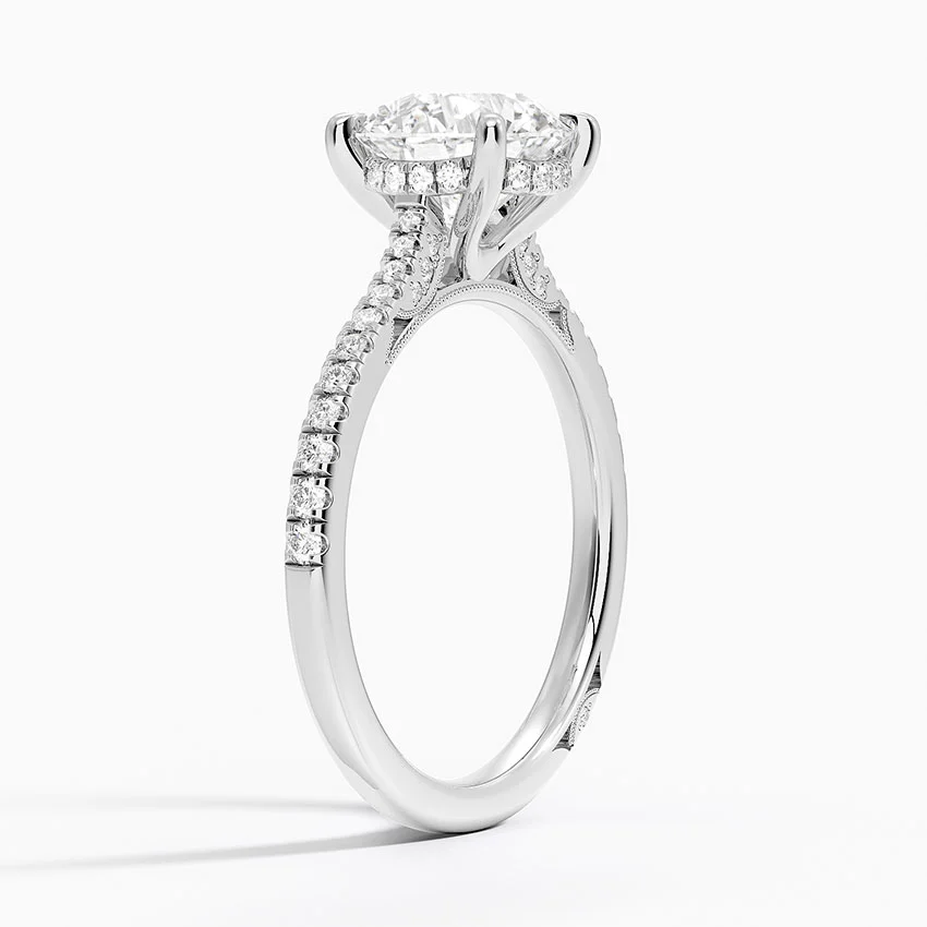 Round Cut Solitaire Diamond Engagement Ring with Pavé Band, Promise Ring, Minimalist Bridal Jewelry