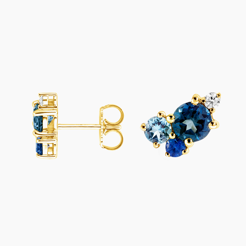 Blue Sapphire & Aquamarine Cluster Diamond Stud Earrings, Elegant Multi-Stone Studs