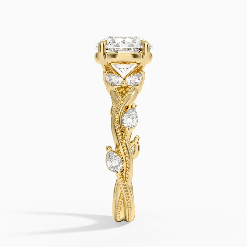 Round Cut Moissanite Engagement Ring, Twisted Pavé Diamond Band, Vintage Inspired Bridal Ring