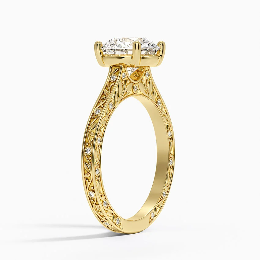 Vintage Floral Engraved Solitaire Moissanite Ring, Round Cut Diamond Ring, Unique Bridal Ring Gift for Her