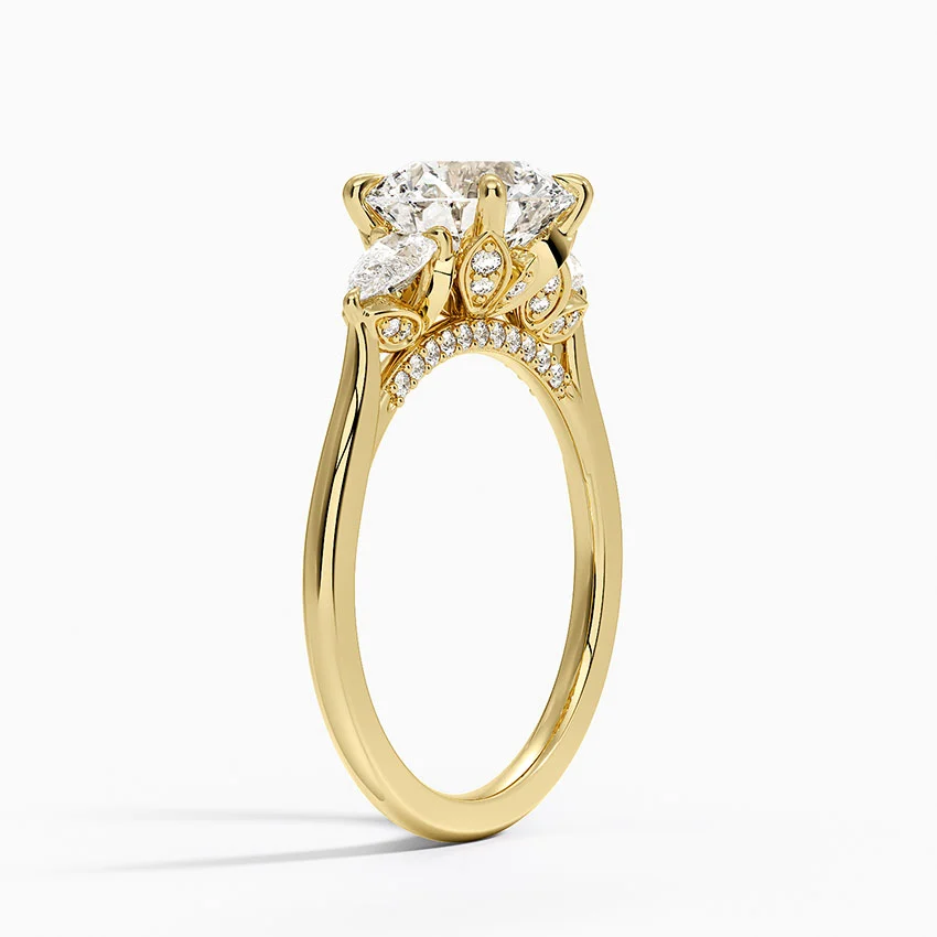 Round Cut Three Stone Diamond Engagement Ring, Marquise Side Stones, Minimalist Bridal Ring