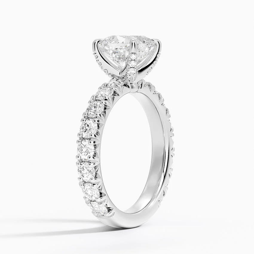 Cushion Cut Diamond Engagement Ring, Pave Diamond Band Ring, Solid Gold Promise Ring
