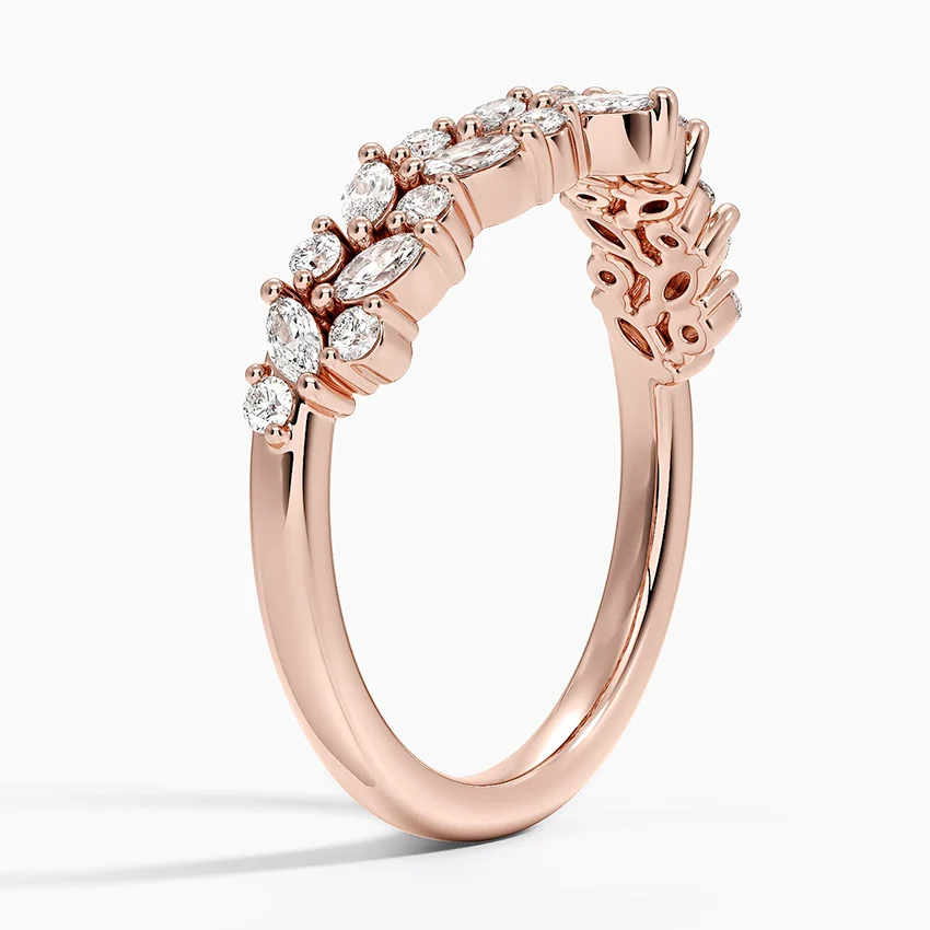 Marquise & Round Diamond V Shape Ring, Curved Wedding Band, Chevron Diamond Ring