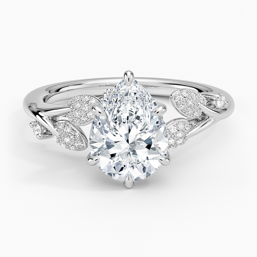 Pear Cut Diamond Leaf Engagement Ring, Nature Inspired Bridal Ring, Vine Style Diamond Ring