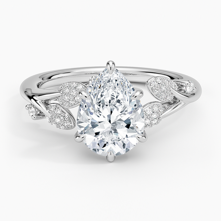 Pear Cut Diamond Leaf Engagement Ring, Nature Inspired Bridal Ring, Vine Style Diamond Ring